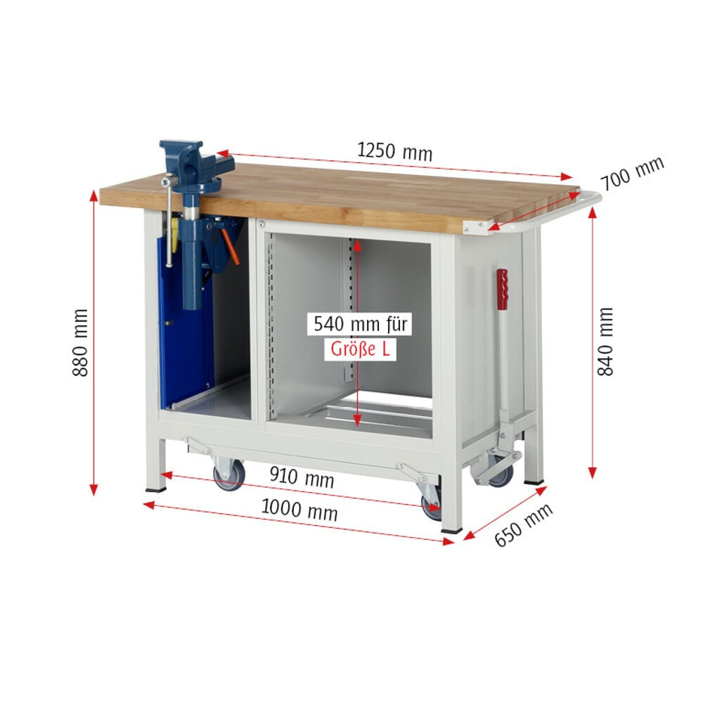 Číslo obrázku produktu 16: Pracovní stůl RAU řada 8000 se zapuštěným pojezdem, 2x kontejner, VxŠxH 880 x 1250 x 700 mm, 1x zásuvka, 1 křídlové dveře