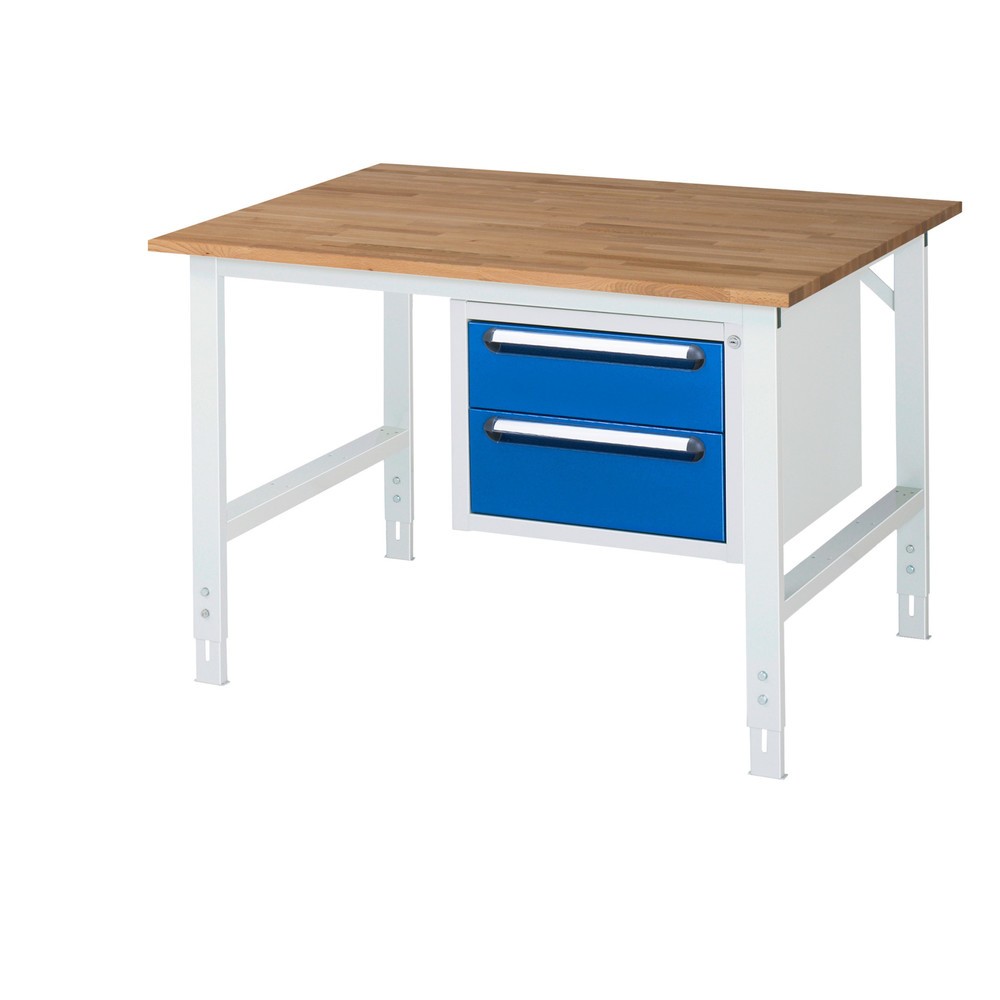 Obrázek produktu: Pracovní stůl RAU ve výškově nastavitelném provedení, řada TOM, VxŠxH 760-1 080 x 1 250 x 1000 mm, 2 zásuvky, pracovní deska z bukového masivu