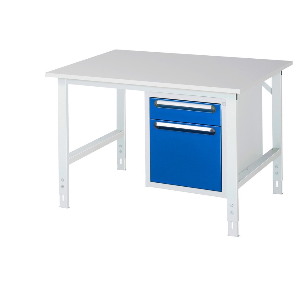 Obrázek produktu: Pracovní stůl RAU ve výškově nastavitelném provedení, řada TOM, VxŠxH 760-1080 x 1250 x 1000 mm, 2 zásuvky, pracovní deska s melaminovým povrchem
