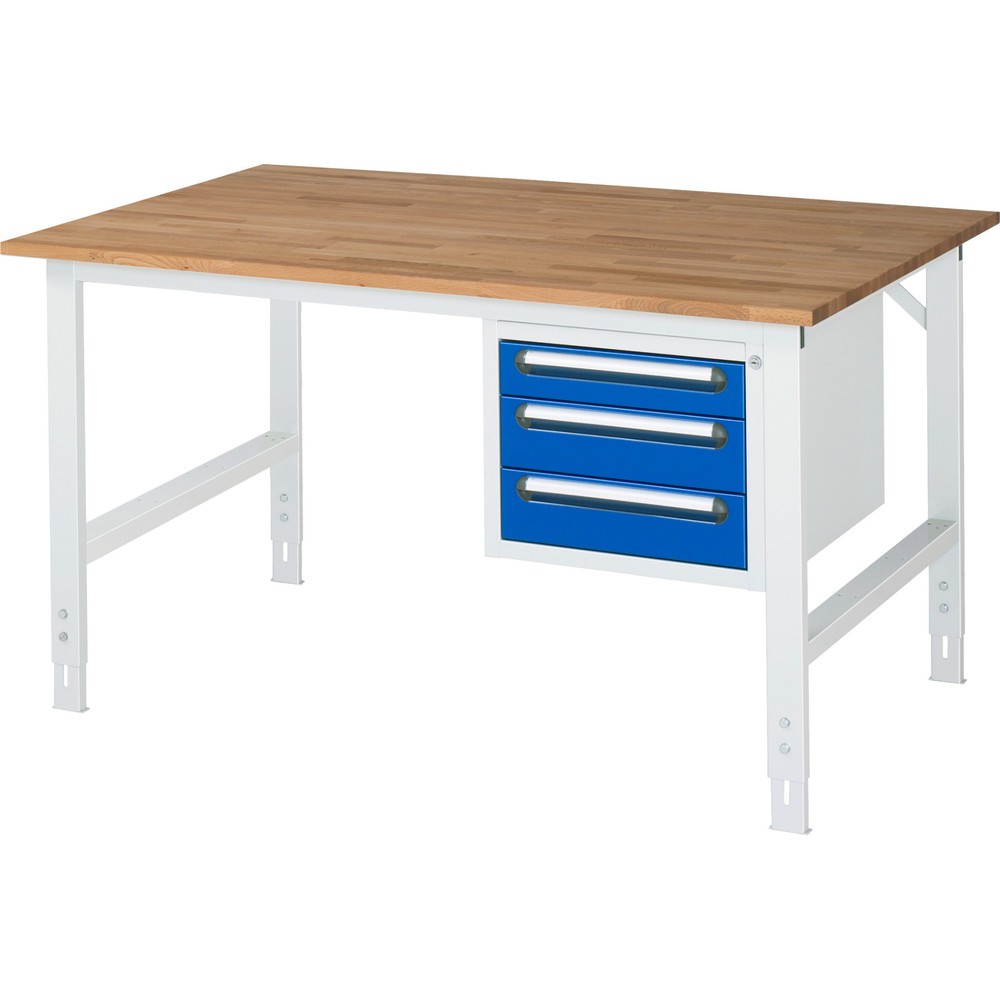 Obrázek produktu: Pracovní stůl RAU ve výškově nastavitelném provedení, řada TOM, VxŠxH 760-1 080 x 1 500 x 1000 mm, 3 zásuvky, pracovní deska z bukového masivu