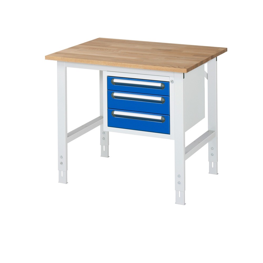 Obrázek produktu: Pracovní stůl RAU ve výškově nastavitelném provedení, řada TOM, VxŠxH 760-1 080 x 1 000 x 800 mm, 3 zásuvky, pracovní deska z bukového masivu