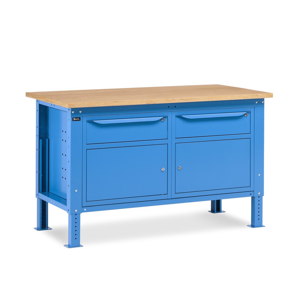 Obrázek produktu: Pracovní stůl Fami, konstrukční výška kově nastavitelný, 2 zásuvky a 2 skříně, nosnost 1 000 kg, VxŠxH 740-1,110 x 1 500 x 750 mm, RAL 5012 světle modrá