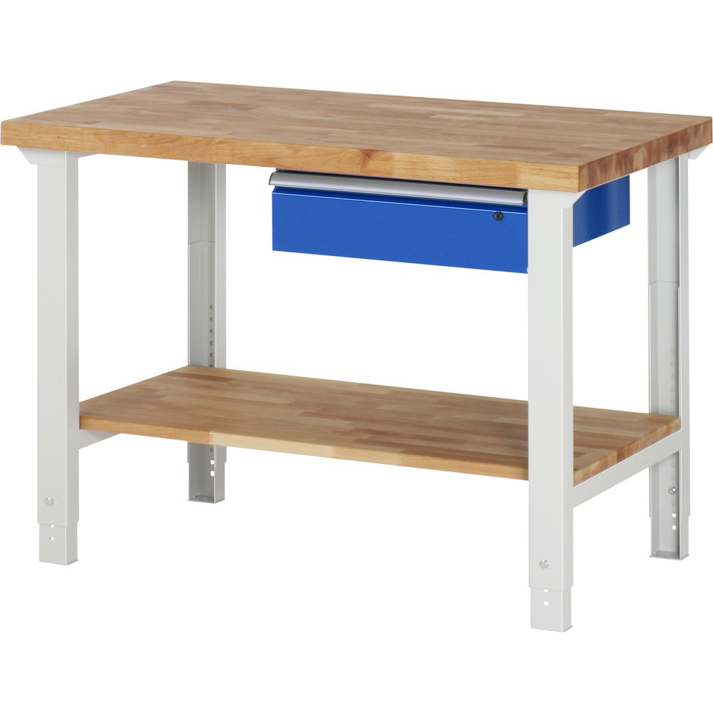 Obrázok výrobku: Pracovný stôl RAU série 7 000, v × š × h 790 – 1 140 × 1 250 × 700 mm, s dolným odkladacím dnom, s 1 zásuvkou vpravo