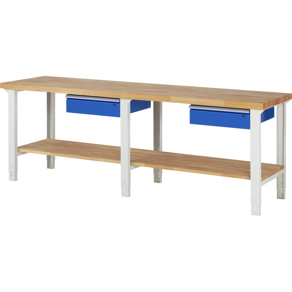 Obrázok výrobku: Pracovný stôl RAU série 7 000, v × š × h 790 – 1 140 × 2 500 × 700 mm, s dolným odkladacím dnom, s 2 zásuvkami