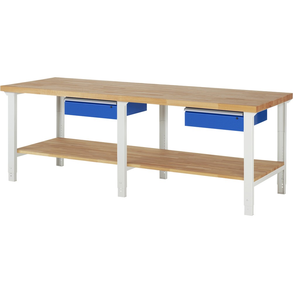 Obrázok výrobku: Pracovný stôl RAU série 7 000, v × š × h 790 – 1 140 × 2 500 × 900 mm, s dolným odkladacím dnom, s 2 zásuvkami