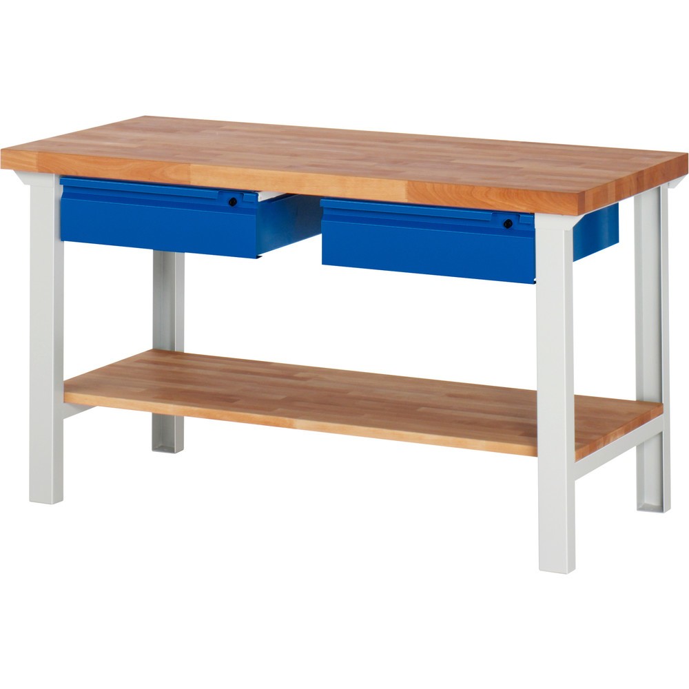 Číslo obrázka výrobku 1: Pracovný stôl RAU série 7000, 1 odkladacie dno z bukového masívu, v × š × h 840 × 1 500 × 700 mm, 2 zásuv. 2 × 150 mm
