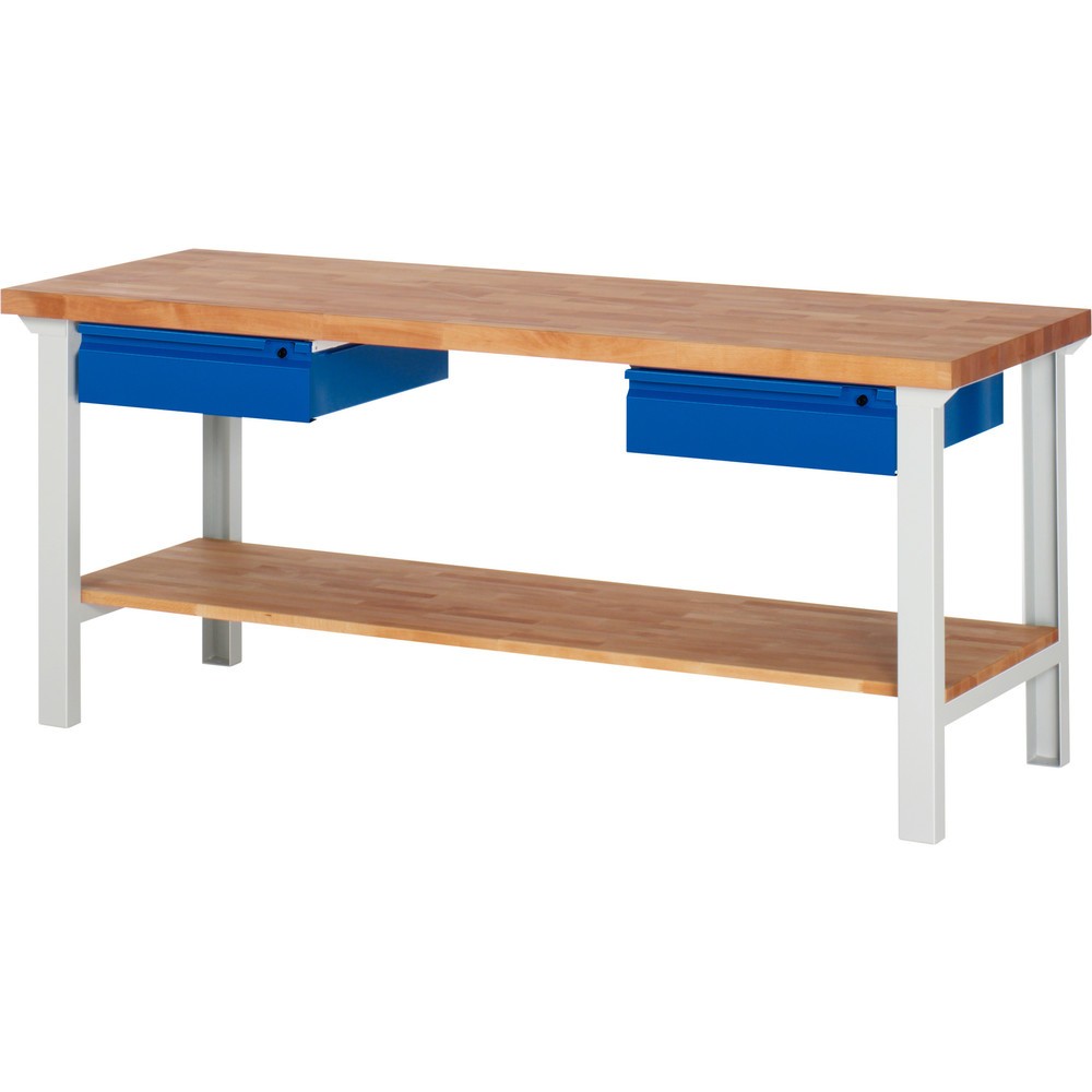 Číslo obrázka výrobku 1: Pracovný stôl RAU série 7000, 1 odkladacie dno z bukového masívu, v × š × h 840 × 2 000 × 700 mm, 2 zásuv. 2 × 150 mm