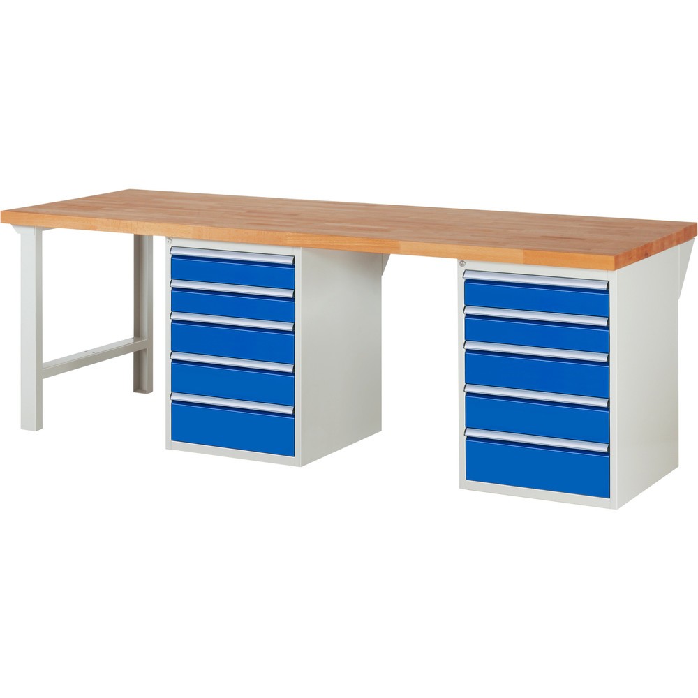 Obrázok výrobku: Pracovný stôl RAU série 7000, počet kontajnerov: 2, v × š × h 840 × 2 500 × 900 mm, 10 zásuv., 4 × 120 mm, 4 × 150 mm, 2 × 180 mm