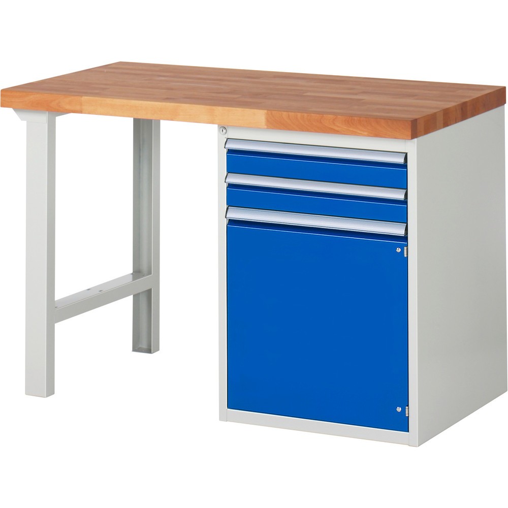 Obrázok výrobku: Pracovný stôl RAU série 7000, počet kontajnerov: 1, v × š × h 890 × 1 250 × 700 mm, 2 zásuv. s 100 % vysunutím, 1 krídlové dvere, 1 polica