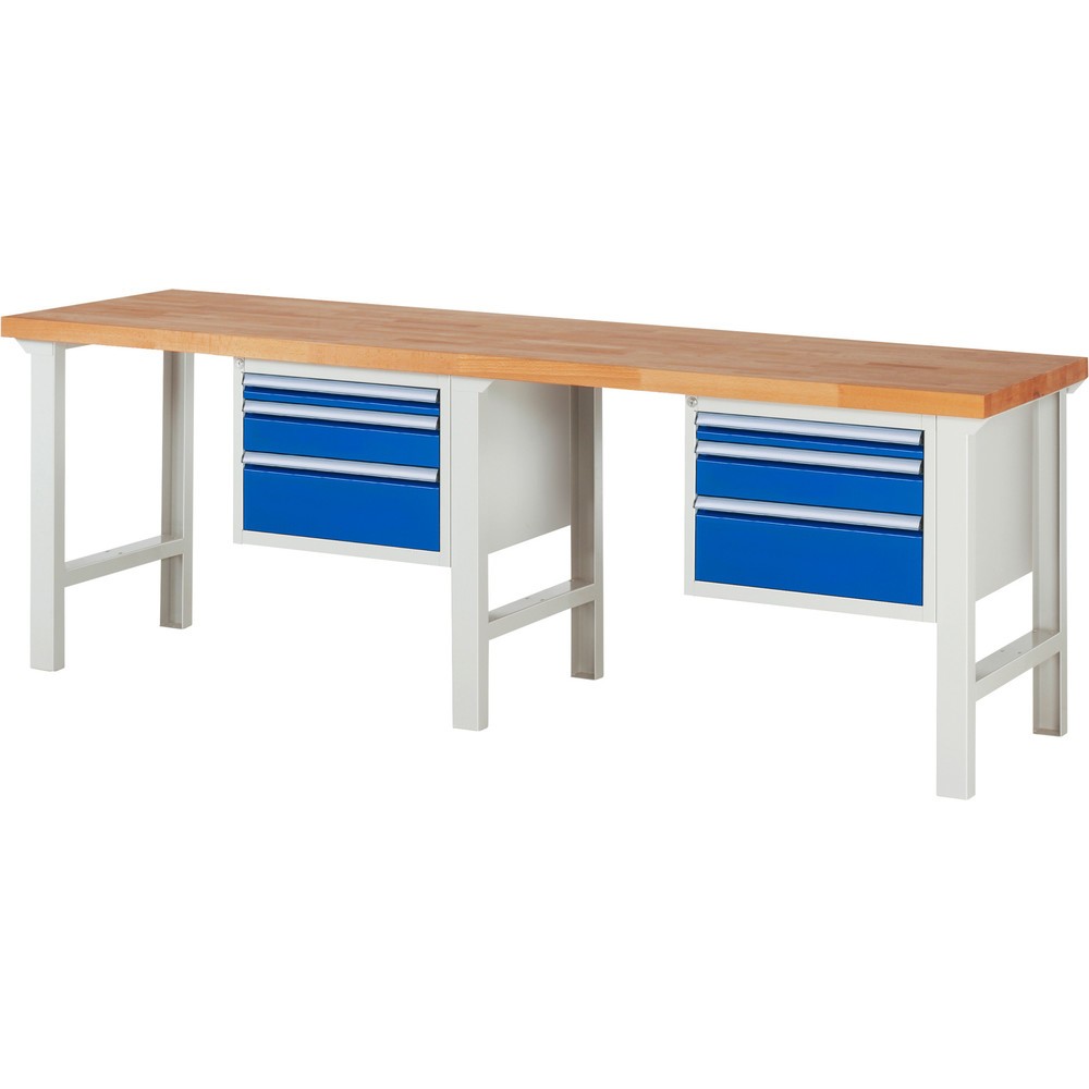 Obrázok výrobku: Pracovný stôl RAU série 7000, nosnosť 750 kg, počet kontajnerov: 2, v × š × h 840 × 2 500 × 700 mm, 6 zásuv. s 90 % vysunutím, 2 × 60 mm, 2 × 120 mm, 2 × 180 mm