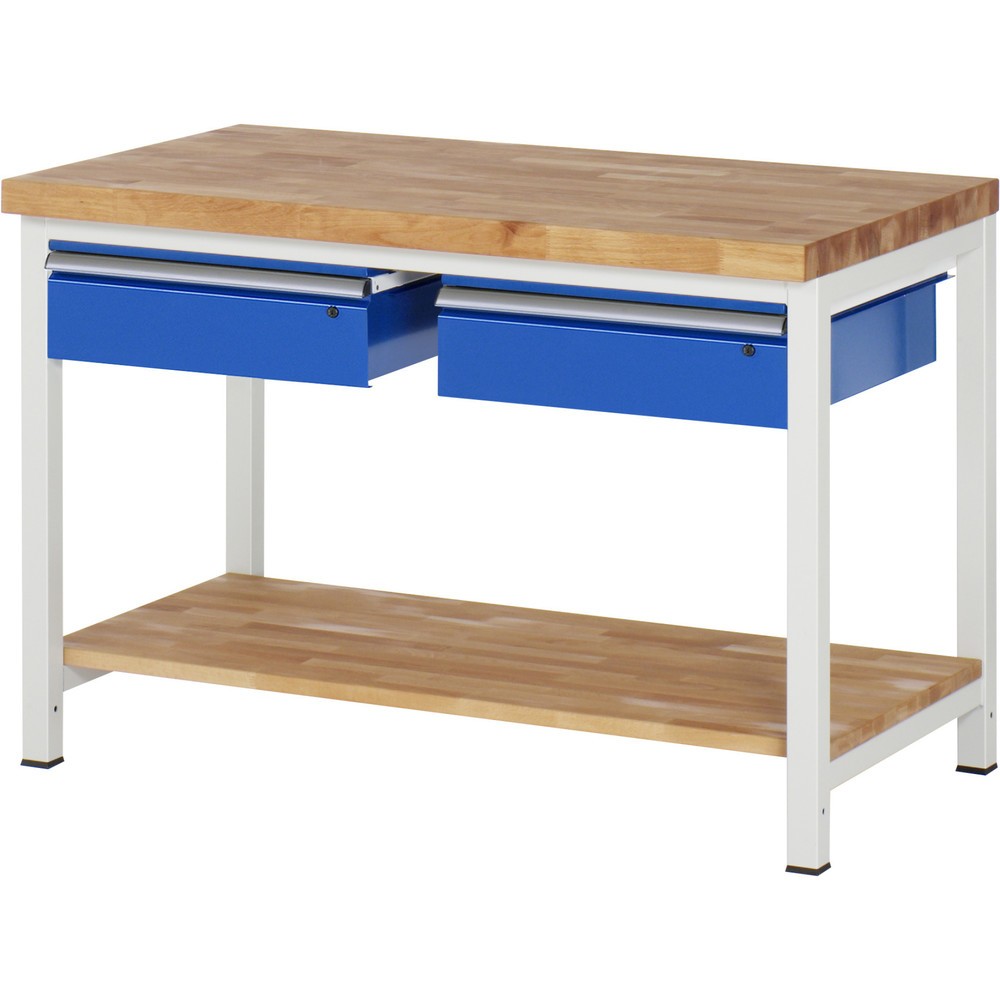 Číslo obrázka výrobku 1: Pracovný stôl RAU série 8000, v × š × h 840 – 1 040 × 1 250 × 700 mm, 2 zásuv., 1 odkladacie dno z bukového masívu, s hĺbkou 557 mm