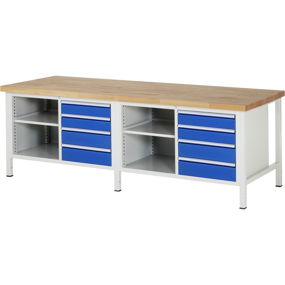Obrázok výrobku: Pracovný stôl RAU série 8 000, v × š × h 840 – 1 040 × 2 500 × 900 mm, 2 dvojitý podstavný kontajner, so 4 zásuvkami