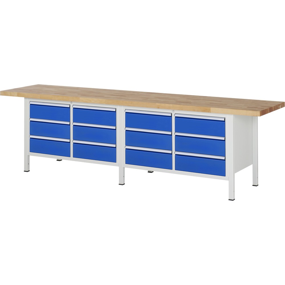 Obrázok výrobku: Pracovný stôl RAU série 8 000, v × š × h 840 – 1 040 × 3 000 × 700 mm, 2 dvojitý podstavný kontajner, so 6 zásuvkami
