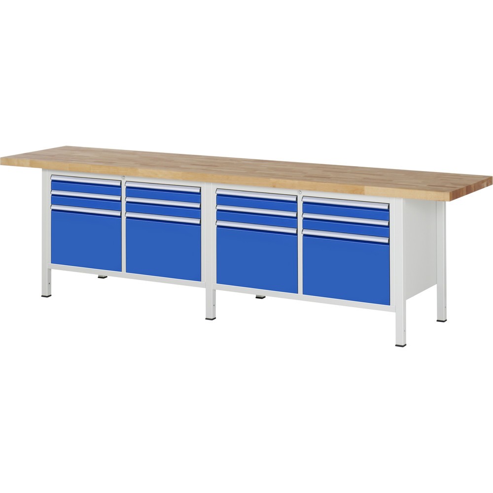 Obrázok výrobku: Pracovný stôl RAU série 8000, počet dvojitých kontajnerov: 2, v × š × h 840 – 1 040 × 3 000 × 700 mm, 12 zásuv., 8 × 90, 4 × 360 mm