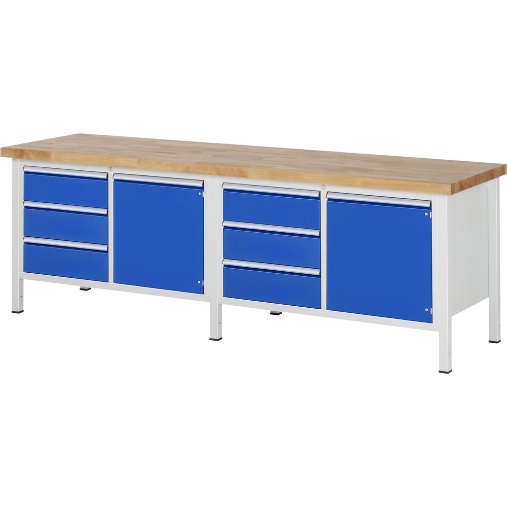Obrázok výrobku: Pracovný stôl RAU série 8 000, v × š × h 840 – 1 040 × 2 500 × 700 mm, 2 dvojité podstavné kontajnery, s 3 zásuvkami a 1 krídlovými dverami