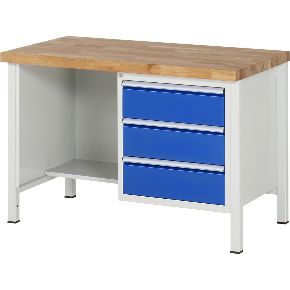 Obrázok výrobku: Pracovný stôl RAU série 8 000, v × š × h 840 – 1 040 × 1 250 × 700 mm, 1 podstavný kontajner vpravo a odkladacia priehradka, s 3 zásuvkami