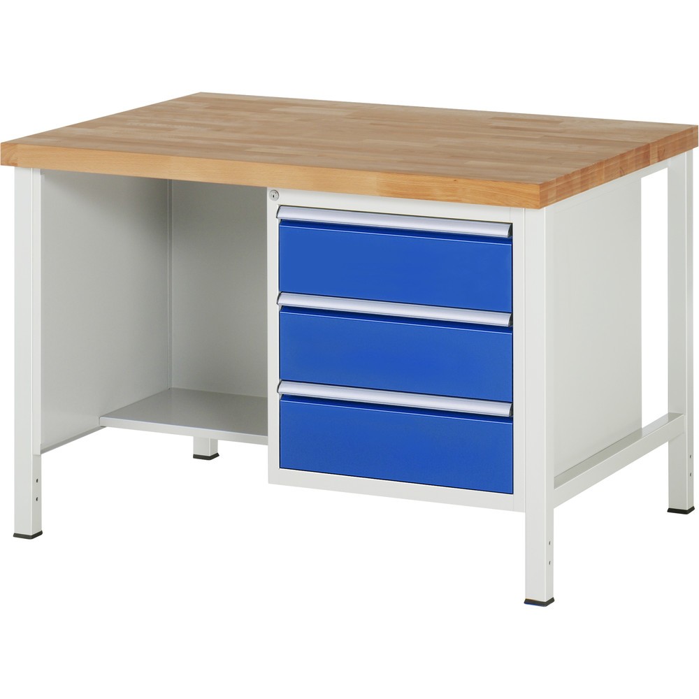 Obrázok výrobku: Pracovný stôl RAU série 8 000, v × š × h 840 – 1 040 × 1 250 × 900 mm, 1 podstavný kontajner vpravo a odkladacia priehradka, s 3 zásuvkami