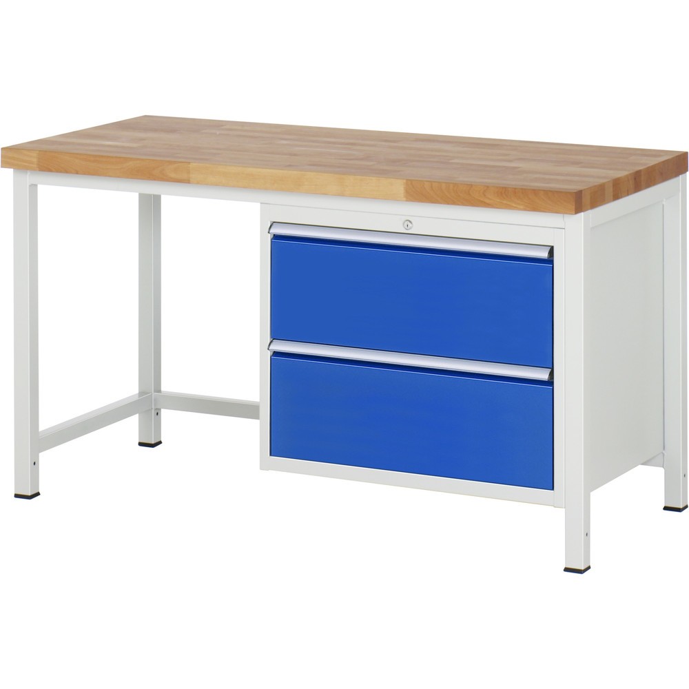 Obrázok výrobku: Pracovný stôl RAU série 8000, v × š × h 840 – 1 040 × 1 500 × 700 mm, 2 zásuv. so 100 % vysunutím, 2 × 270 mm, nosnosť zásuv. 75 kg