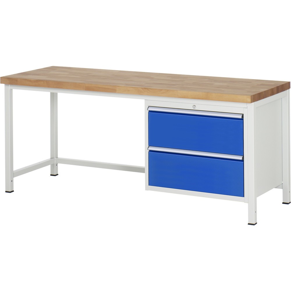 Obrázok výrobku: Pracovný stôl RAU série 8000, v × š × h 840 – 1 040 × 2 000 × 700 mm, 2 zásuv. s 90 % vysunutím, 2 × 270 mm, nosnosť zásuv. 75 kg