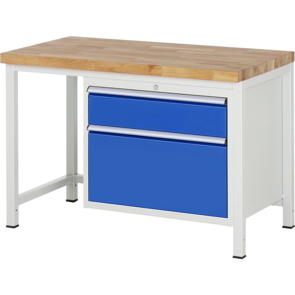 Obrázok výrobku: Pracovný stôl RAU série 8000, v × š × h 840 – 1 040 × 1 250 × 700 mm, 2 zásuv. so 100 % vysunutím, 1 × 180, 1 × 360 mm, nosnosť zásuv. 75 kg
