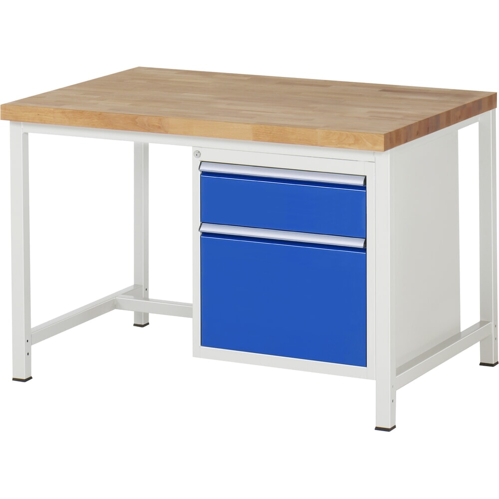 Obrázok výrobku: Pracovný stôl RAU série 8000, v × š × h 840 × 1 250 × 900 mm, 2 zásuv. s 90 % vysunutím, 1 × 180, 1 × 360 mm, nosnosť zásuv. 100 kg
