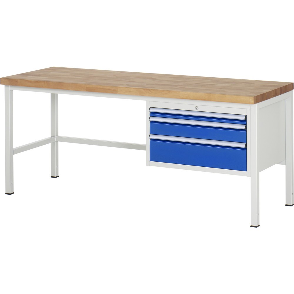 Obrázok výrobku: Pracovný stôl RAU série 8000, v × š × h 840 – 1 040 × 2 000 × 700 mm, 3 zásuv. so 100 % vysunutím, 1 × 60, 1 × 120, 1 × 180 mm, nosnosť zásuv. 75 kg