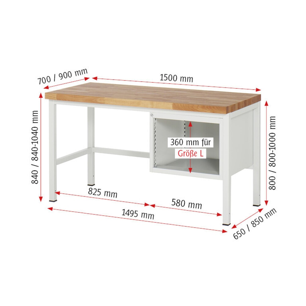 Číslo obrázka výrobku 6: Pracovný stôl RAU série 8000, v × š × h 840 × 1 500 × 700 mm, 2 zásuv. s 90 % vysunutím, 2 × 180 mm, nosnosť zásuv. 100 kg