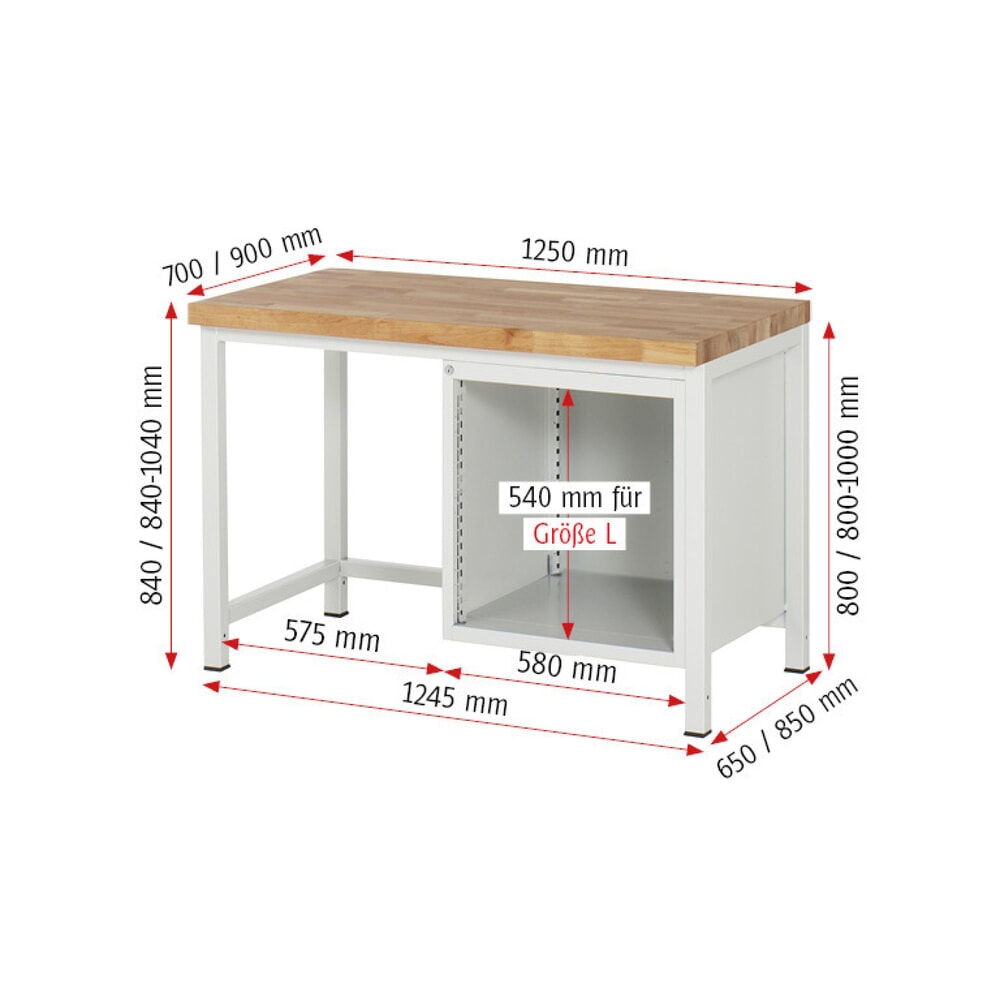 Číslo obrázka výrobku 6: Pracovný stôl RAU série 8000, v × š × h 840 × 1 250 × 900 mm, 2 zásuv. s 90 % vysunutím, 1 × 180, 1 × 360 mm, nosnosť zásuv. 100 kg