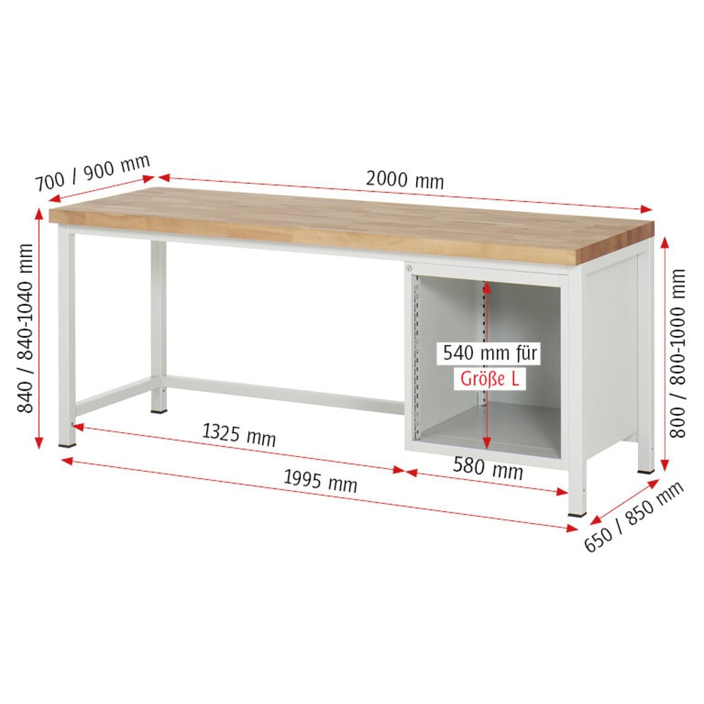 Číslo obrázka výrobku 9: Pracovný stôl RAU série 8000, 1 krídlové dvere, v × š × h 840 – 1 040 × 2 000 × 900 mm, 1 zásuvka, 1 krídlové dvere