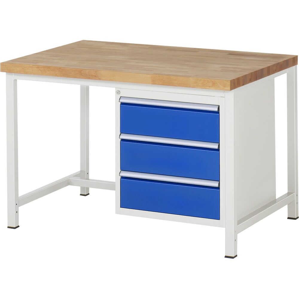 Obrázok výrobku: Pracovný stôl RAU série 8000, v × š × h 840 – 1 040 × 1 250 × 900 mm, 3 zásuv. s 90 % vysunutím, 3 × 180 mm, nosnosť zásuv. 100 kg