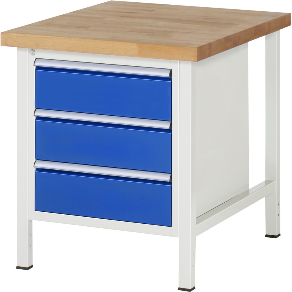 Obrázok výrobku: Pracovný stôl RAU série 8000, v × š × h 840 – 1 040 × 750 × 900 mm, 3 zásuv. s 90 % vysunutím, 3 × 180 mm, nosnosť zásuv. 100 kg