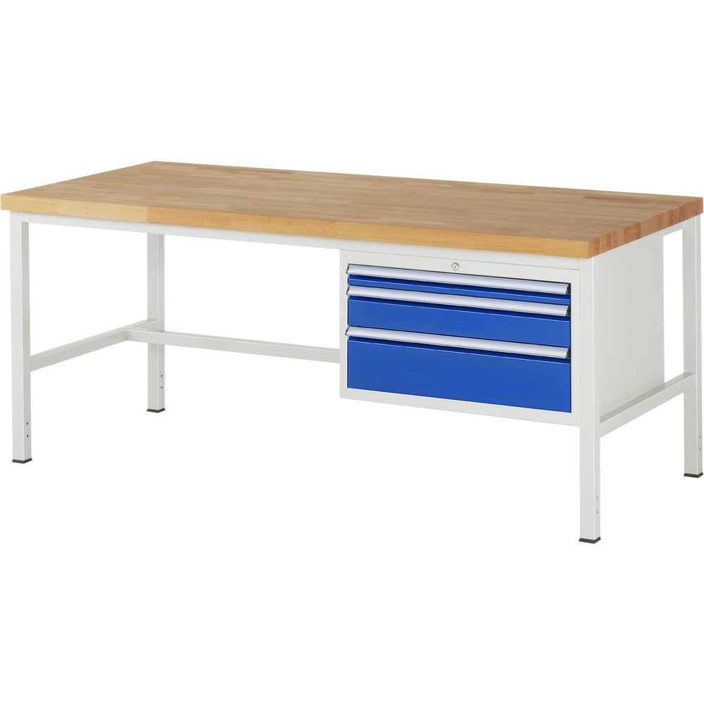 Obrázok výrobku: Pracovný stôl RAU série 8000, v × š × h 840 × 2 000 × 900 mm, 3 zásuv. so 100 % vysunutím, 1 × 60, 1 × 120, 1 × 180 mm, nosnosť zásuv. 75 kg