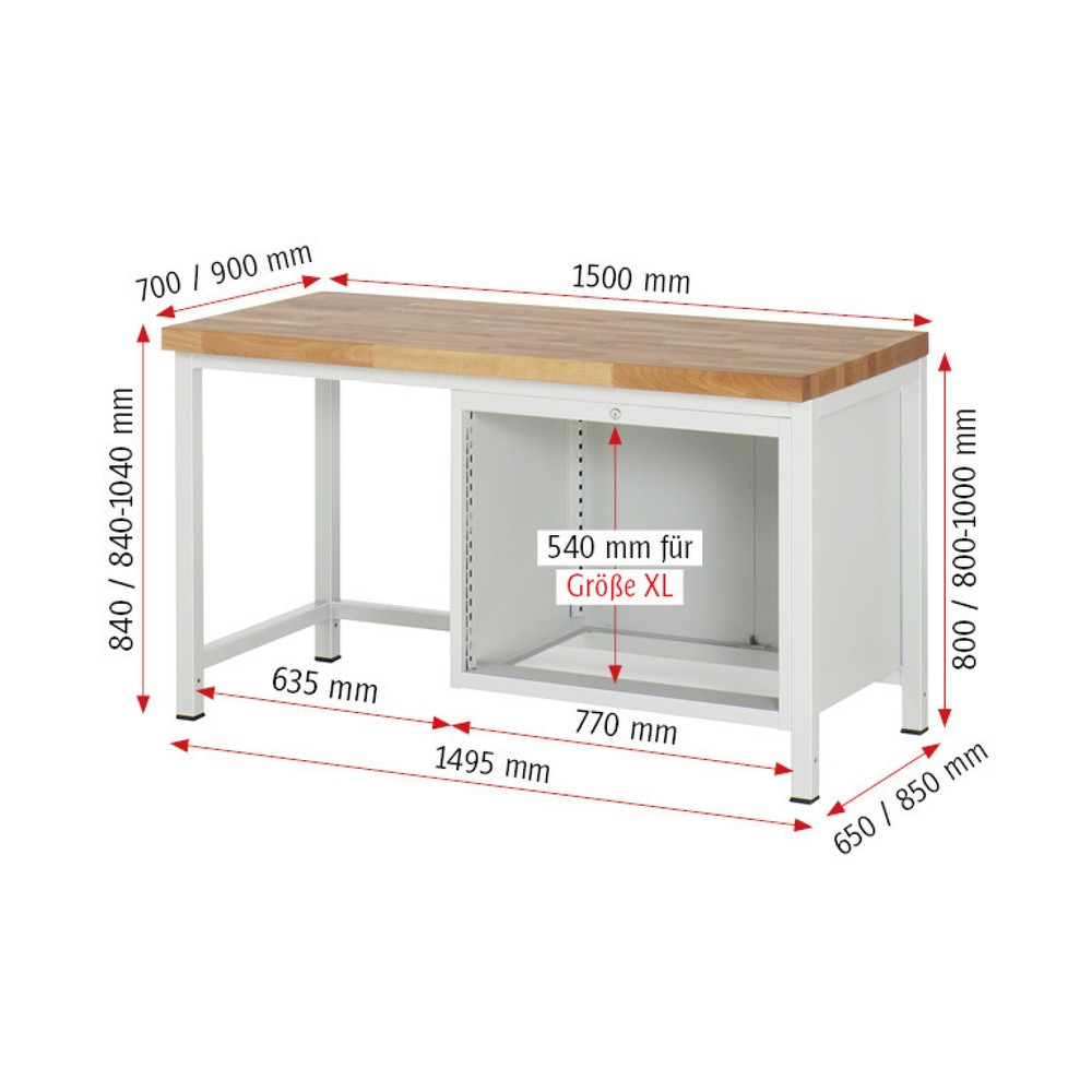 Číslo obrázka výrobku 7: Pracovný stôl RAU série 8000, v × š × h 840 – 1 040 × 1 500 × 900 mm, 4 zásuv. so 100 % vysunutím, 2 × 90, 2 × 180 mm, nosnosť zásuv. 75 kg