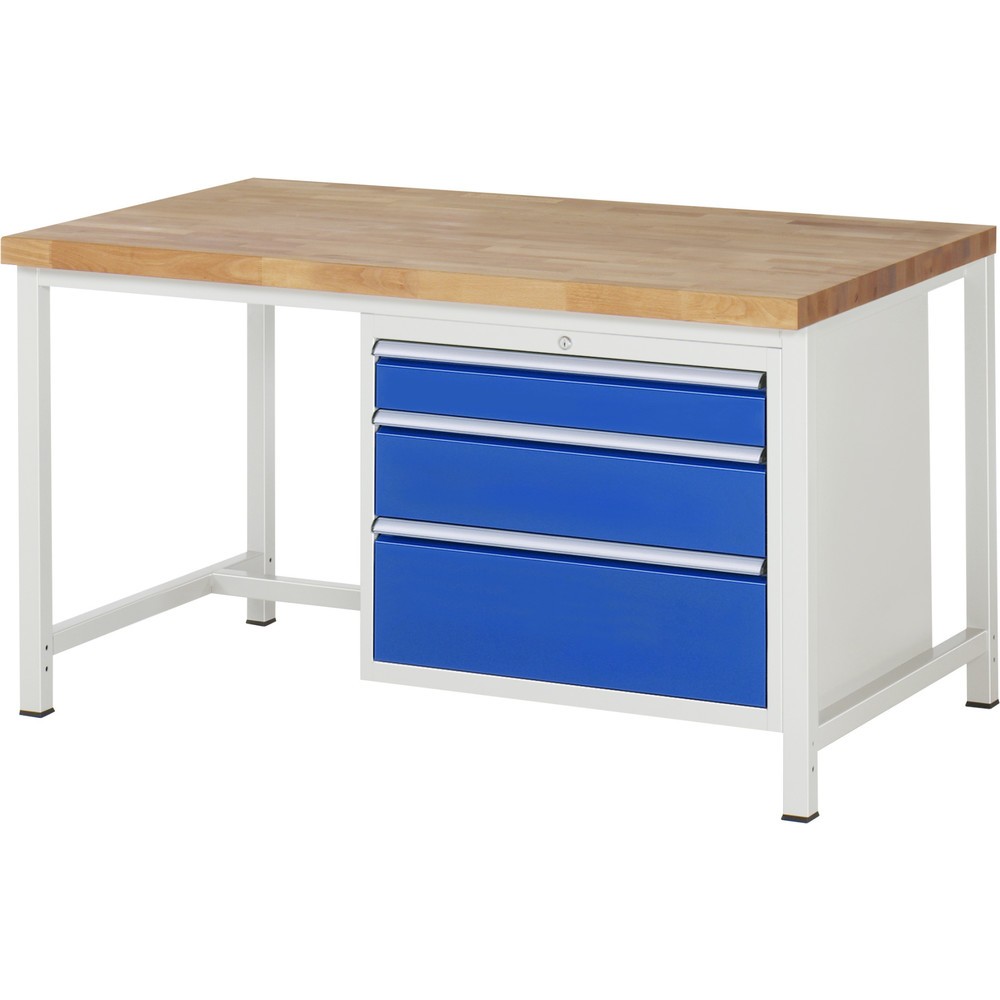 Obrázok výrobku: Pracovný stôl RAU série 8000, v × š × h 840 × 1 500 × 900 mm, 3 zásuv. s 90 % vysunutím, 1 × 120, 1 × 180, 1 × 240 mm, nosnosť zásuv. 75 kg