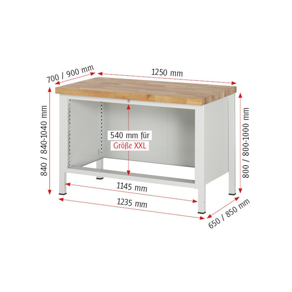 Číslo obrázka výrobku 9: Pracovný stôl RAU série 8000, v × š × h 840 – 1 040 × 1 250 × 700 mm, 4 zásuv. s 90 % vysunutím, 2 × 90, 2 × 180 mm, nosnosť zásuv. 50 kg