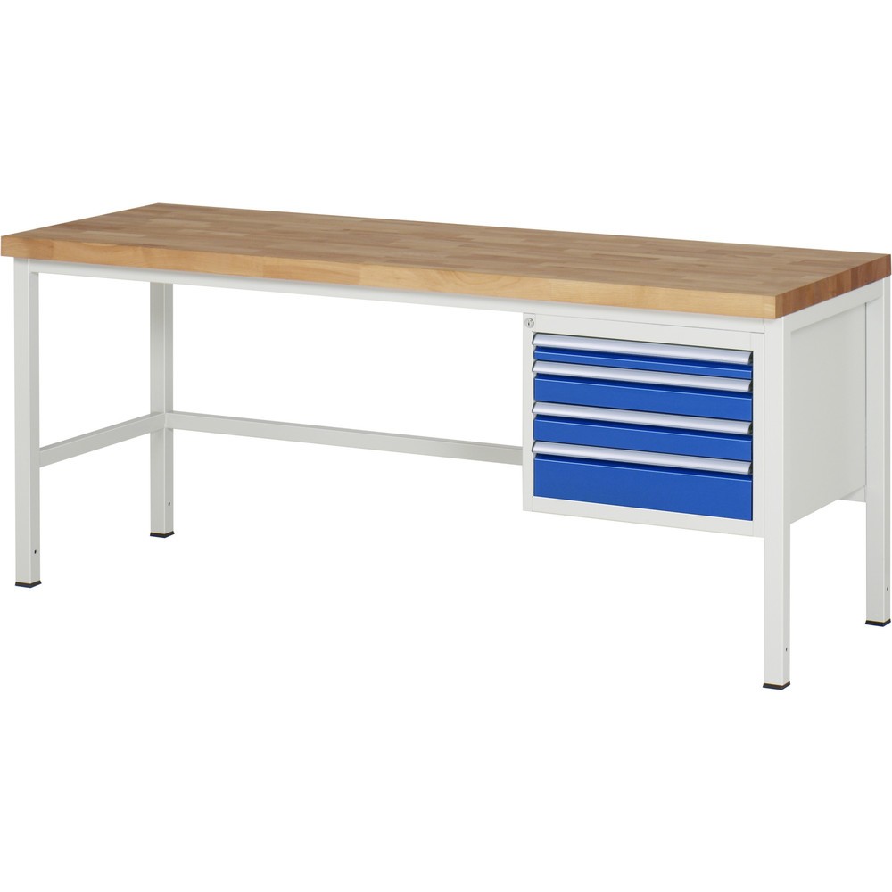 Obrázok výrobku: Pracovný stôl RAU série 8000, v × š × h 840 – 1 040 × 2 000 × 700 mm, 4 zásuv. s 90 % vysunutím, 1 × 60, 2 × 90, 1 × 120 mm, nosnosť zásuv. 100 kg
