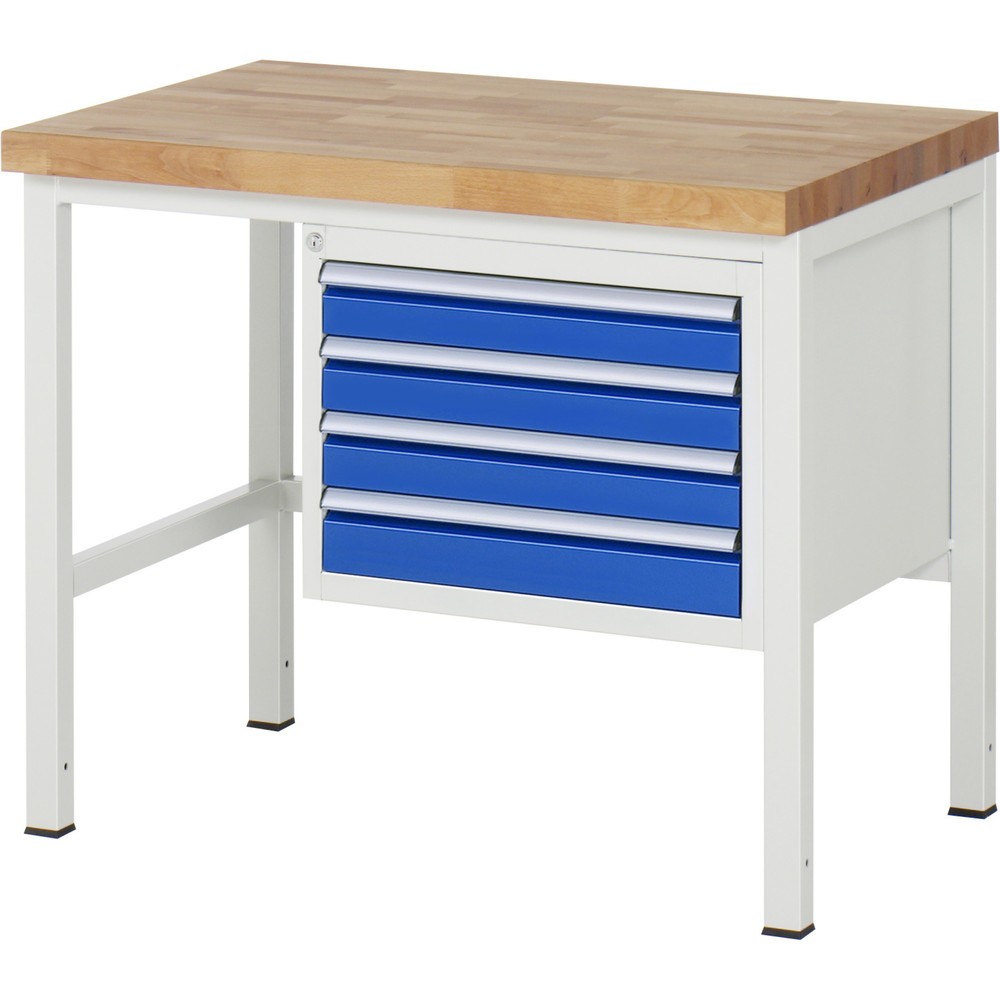 Obrázok výrobku: Pracovný stôl RAU série 8000, v × š × h 840 × 1 000 × 700 mm, 4 zásuv. s 100 % vysunutím, 4 × 90 mm, nosnosť zásuv. 100 kg