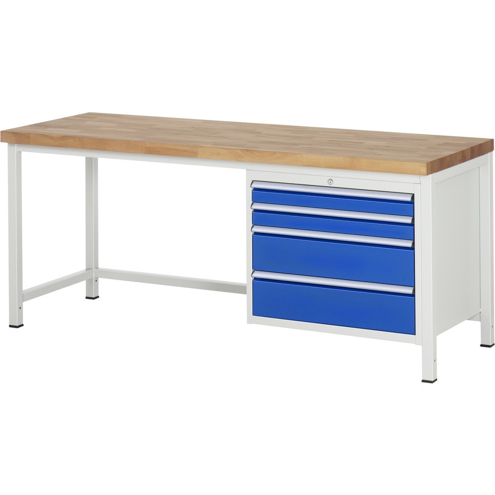 Obrázok výrobku: Pracovný stôl RAU série 8 000, v × š × h 840 – 1 040 × 2 000 × 700 mm, 4 zásuviek s 100 % vysunutím, 2 × 90, 2 × 180 mm, nosnosť zásuvky 75 kg
