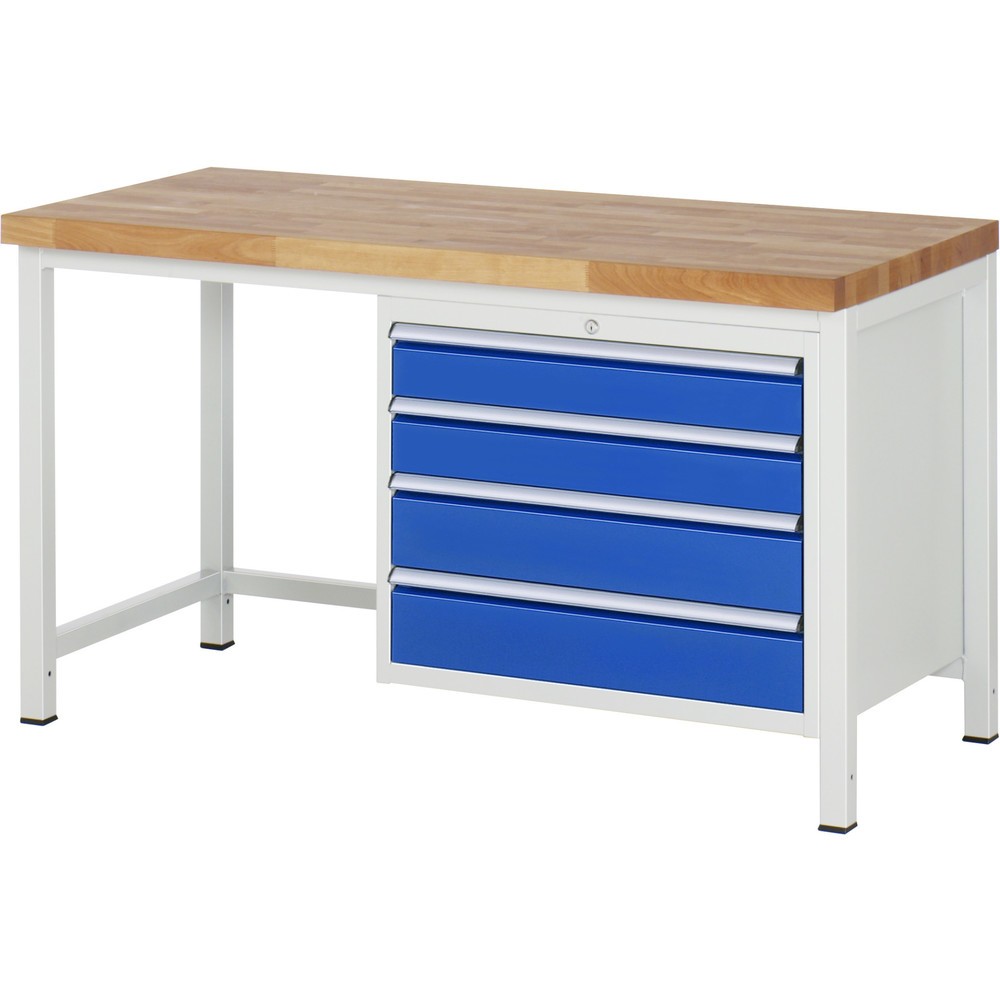 Obrázok výrobku: Pracovný stôl RAU série 8000, v × š × h 840 – 1 040 × 1 500 × 700 mm, 4 zásuv. so 100 % vysunutím, 2 × 120, 2 × 150 mm, nosnosť zásuv. 75 kg