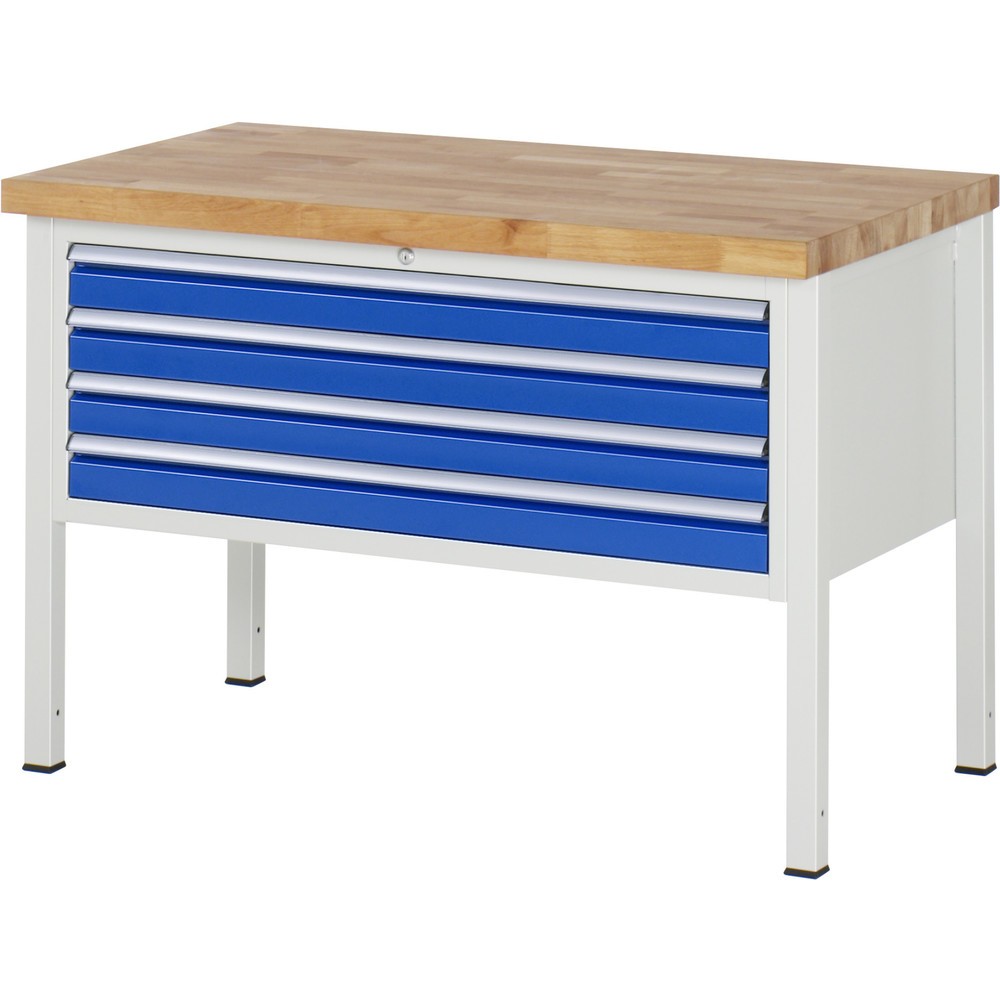 Obrázok výrobku: Pracovný stôl RAU série 8000, v × š × h 840 – 1 040 × 1 250 × 700 mm, 4 zásuv. so 100 % vysunutím, 4 × 90 mm, nosnosť zásuv. 50 kg