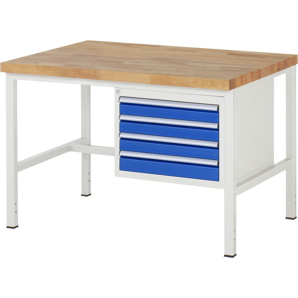 Obrázok výrobku: Pracovný stôl RAU série 8000, v × š × h 840 – 1 040 × 1 250 × 900 mm, 4 zásuv. s 90 % vysunutím, 4 × 90 mm, nosnosť zásuv. 100 kg