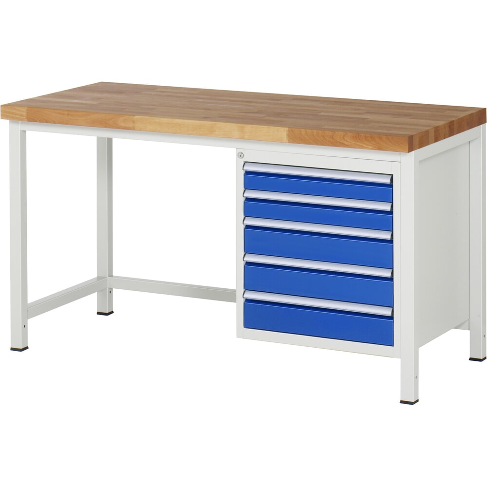 Obrázok výrobku: Pracovný stôl RAU série 8000, v × š × h 840 × 1 500 × 700 mm, 5 zásuv. s 100 % vysunutím, 2 × 90, 3 × 120 mm, nosnosť zásuv. 100 kg