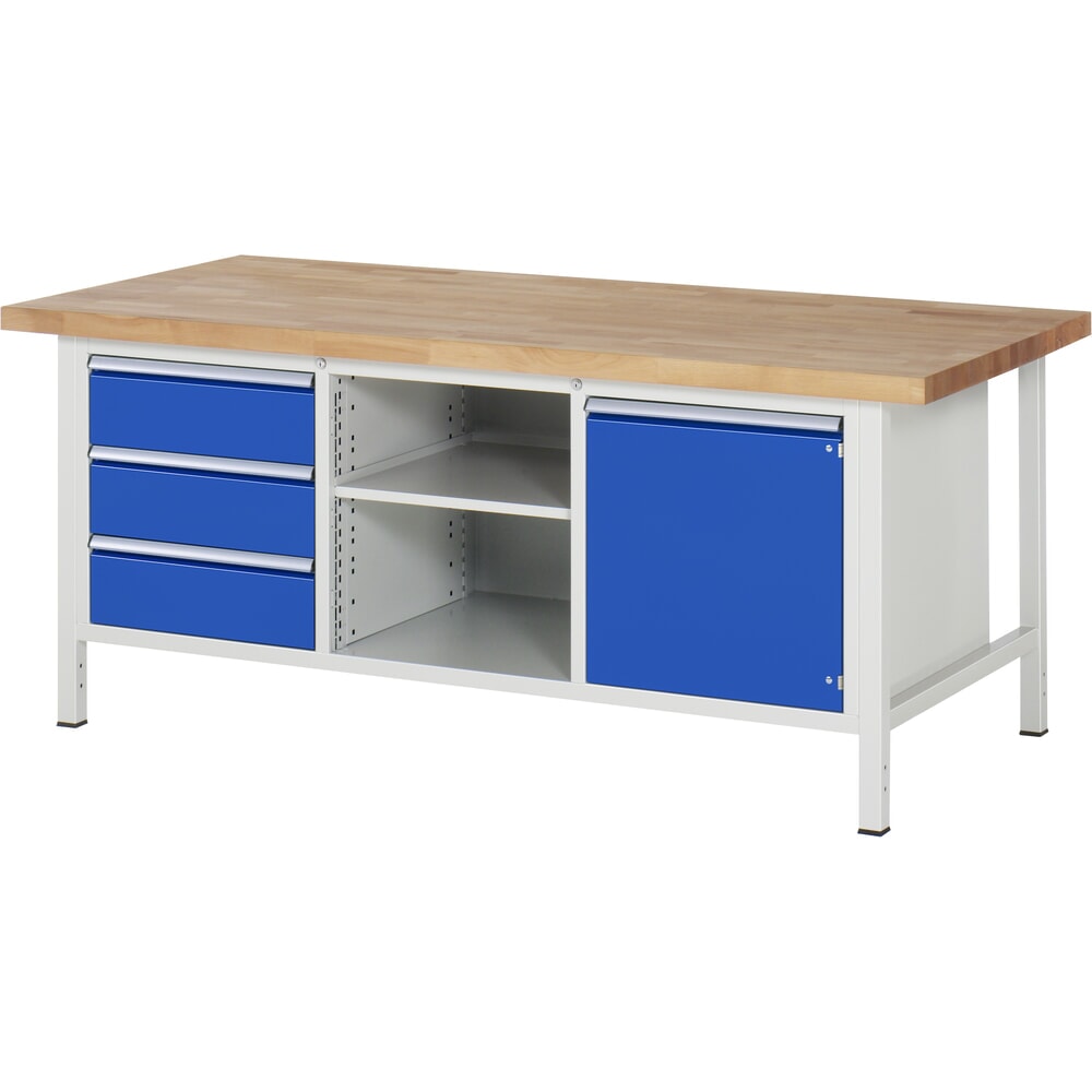 Obrázok výrobku: Pracovný stôl RAU série 8 000, v × š × h 840 – 1 040 × 2 000 × 900 mm, 1 trojitý podstavný kontajner, s 3 zásuvkami a 1 krídlovými dverami