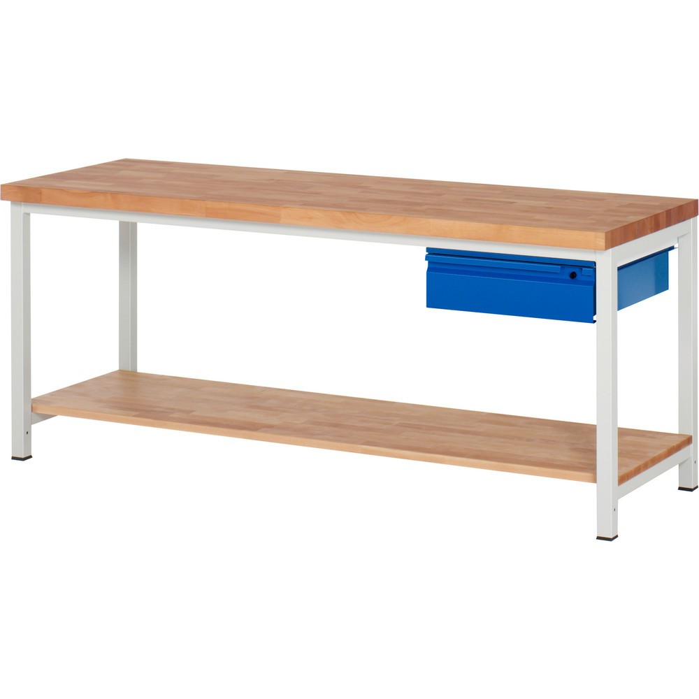 Číslo obrázka výrobku 1: Pracovný stôl RAU série 8000, pracovná doska z bukového masívu, hrúbka 40 mm, v × š × h 840 – 1 040 × 2 000 × 700 mm, 1 zásuvka, 1 odkladacie dno, hĺbka 557 mm