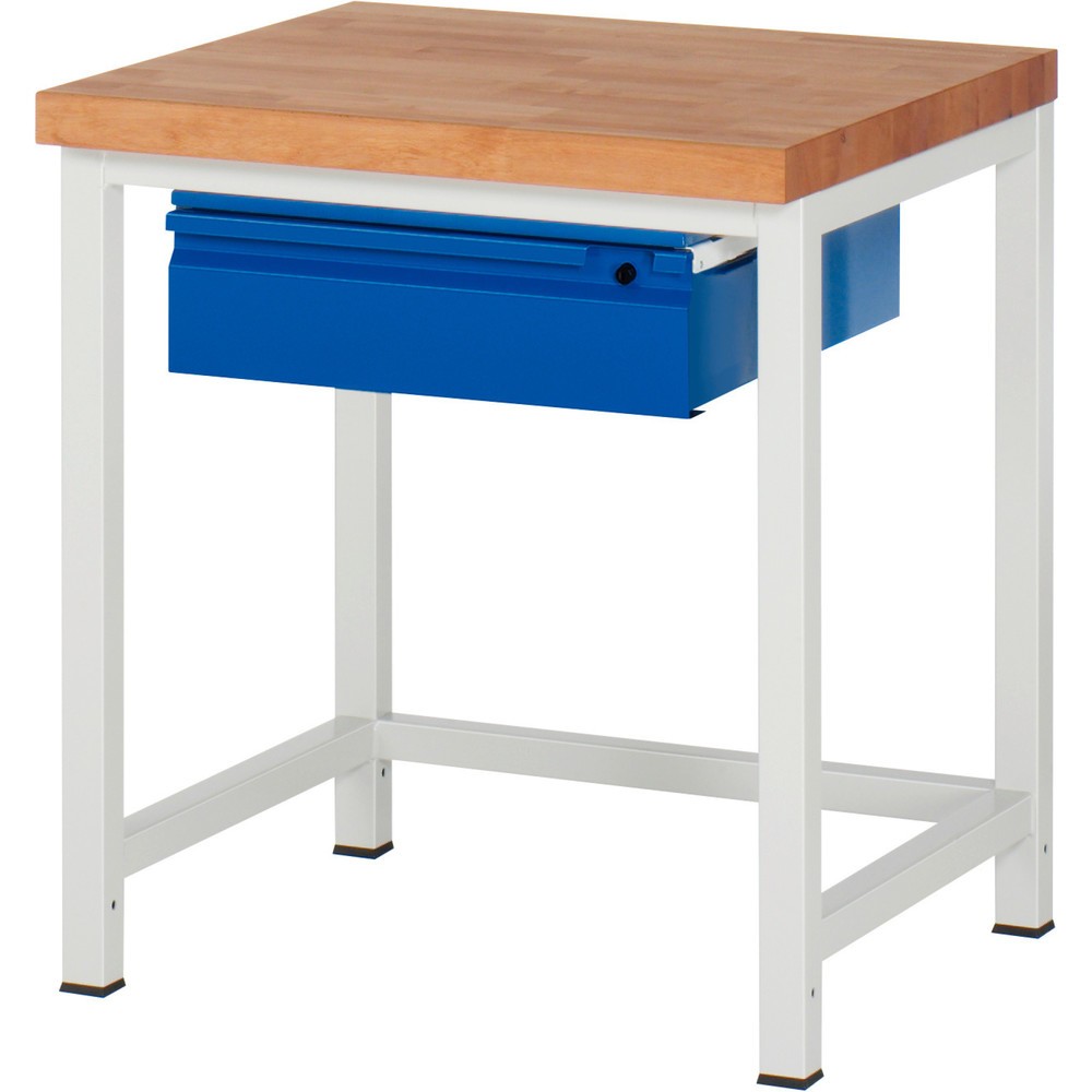 Obrázok výrobku: Pracovný stôl RAU série 8000, pracovná doska z bukového masívu, hrúbka 40 mm, v × š × h 840 – 1 040 × 750 × 700 mm, 1 zásuvka, 1 × 150 mm