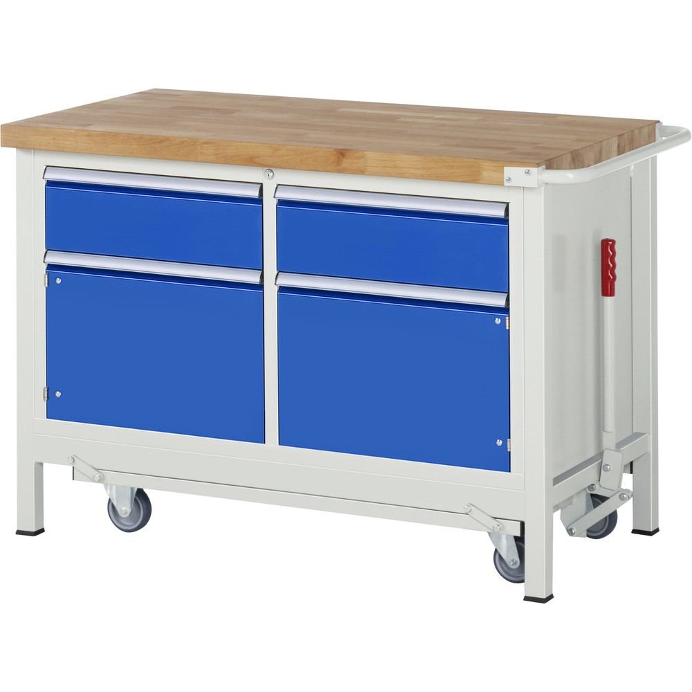 Obrázok výrobku: Pracovný stôl RAU série 8000 so znížiteľným podvozkom, počet dvojitých kontajnerov: 1, v × š × h 880 × 1 250 × 700 mm, 2 zásuv., 2 × 180 mm, 1 krídlové dvere