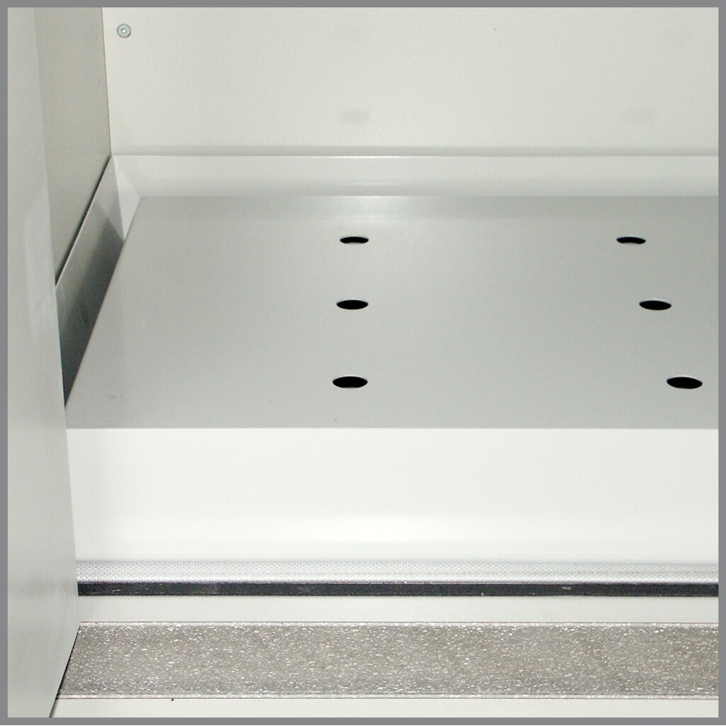 Produktabbildung: Bodenwanne mit Lochblecheinsatz für PRIORIT Sicherheitsschrank Typ 90, Edelstahl, BxT 513 x 472 mm