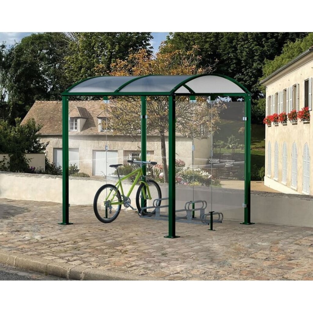 PROCITY® Fahrradüberdachung M, Anbaueinheit, mit Glasrückwand, feste Pfosten, anthrazit Produktabbildung Nr. 2: PROCITY® Fahrradüberdachung M, Anbaueinheit, mit Glasrückwand, feste Pfosten, anthrazit