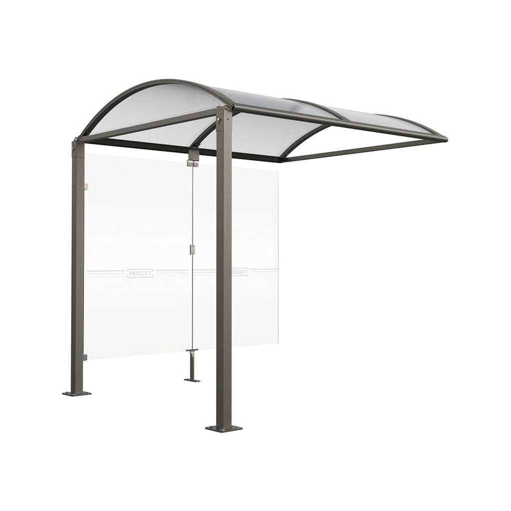 PROCITY® Fahrradüberdachung M, Anbaueinheit, mit Glasrückwand, feste Pfosten, anthrazit Produktabbildung: PROCITY® Fahrradüberdachung M, Anbaueinheit, mit Glasrückwand, feste Pfosten, anthrazit