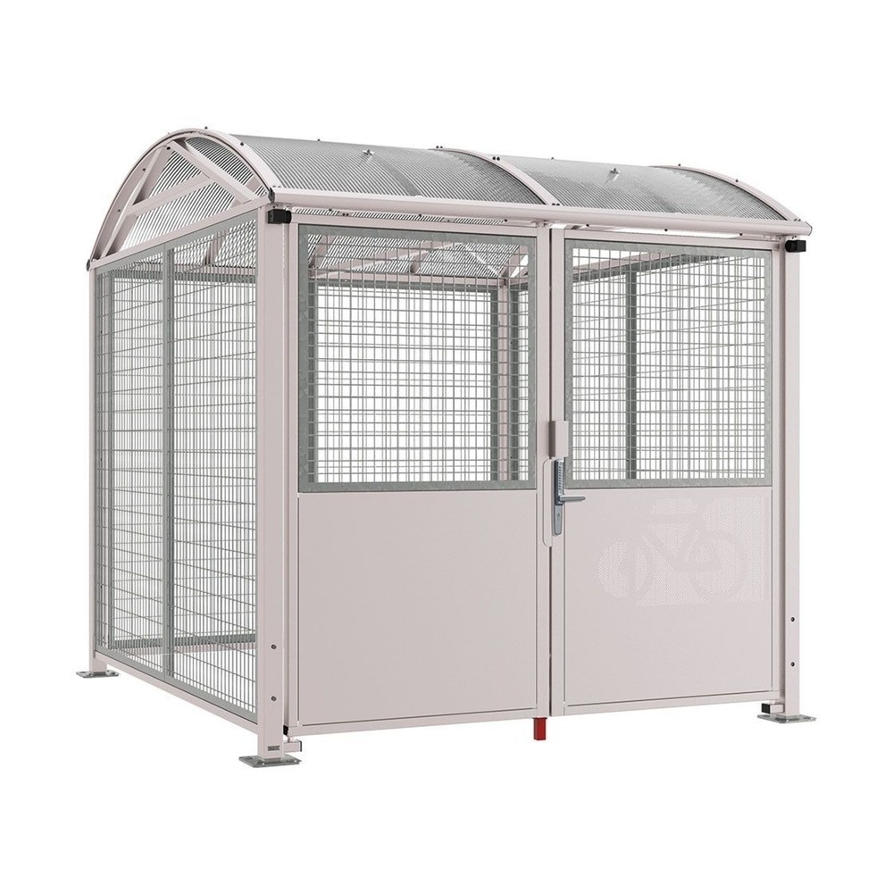 Produktabbildung: PROCITY® Fahrradunterstand L, Grundmodell, mit Verkleidungen und Tür mit Zahlencode, Stahlgitter feuerverzinkt, grau